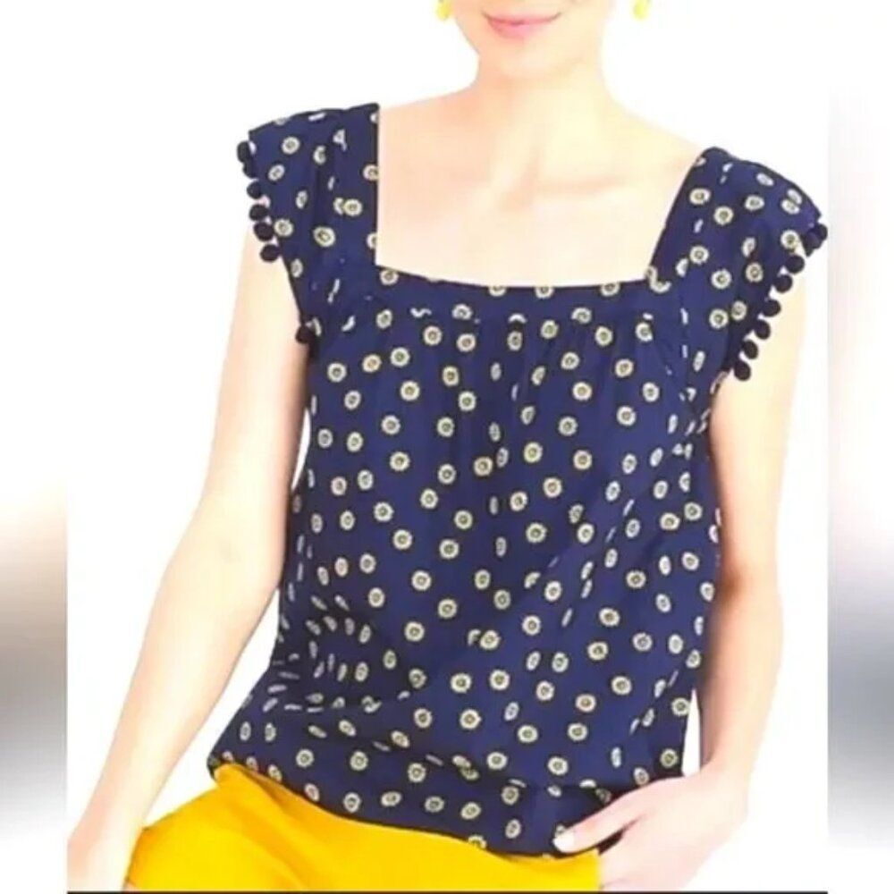 J.Crew Cotton Poplin Square Neck Navy w/ Yellow Daisy Print Pom-Pom Top Size 10